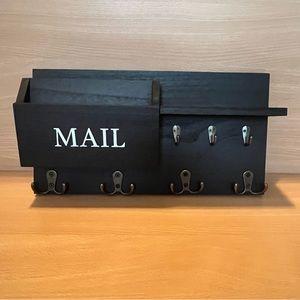 NWT Black Wooden Mail Holder Wall Organizer Key Hanger w/ Dividers Storage Caddy